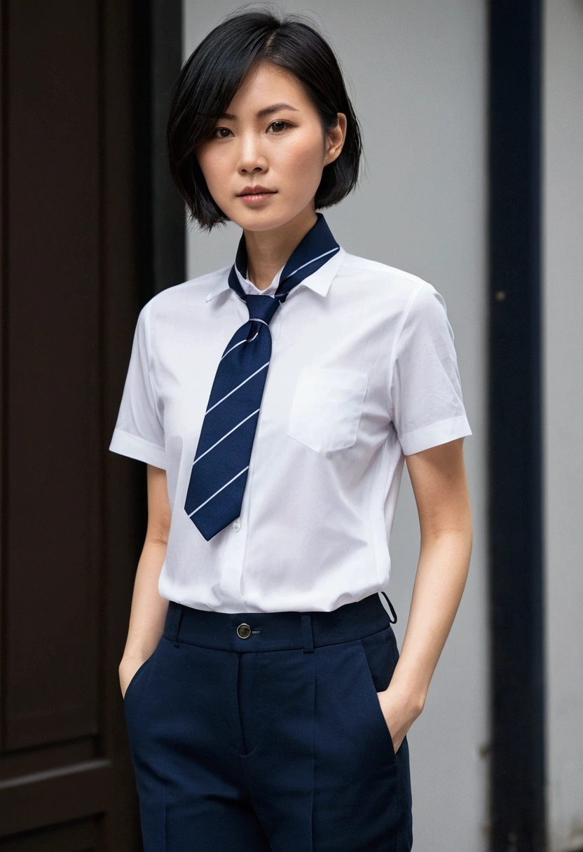 asian woman, short hair, dark blue short sleeved shirt, navy pants, white sneaker, navy tie on her neck
