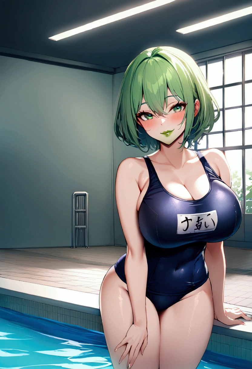 1girl with short green hair, green eyes, green lips, big breasts, school swimsuit, smile, horny face, swimming pool, indoors, standing