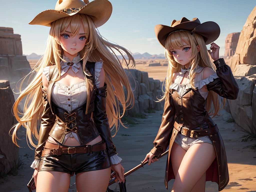 (((depcit young girl))), (((elegant cowgirl))), sexy, blond hair, long hair, straight hair, cowby hat, wearing leather cowboy clothes, open legs, spread legs, brown eyes, thin , small breasts, nice hips, open shoulders, (sassy), (Masterpiece, Excellent, complex details), delicate girl, delicate face, back arched, pretty, sunny desert, a western atmosphere