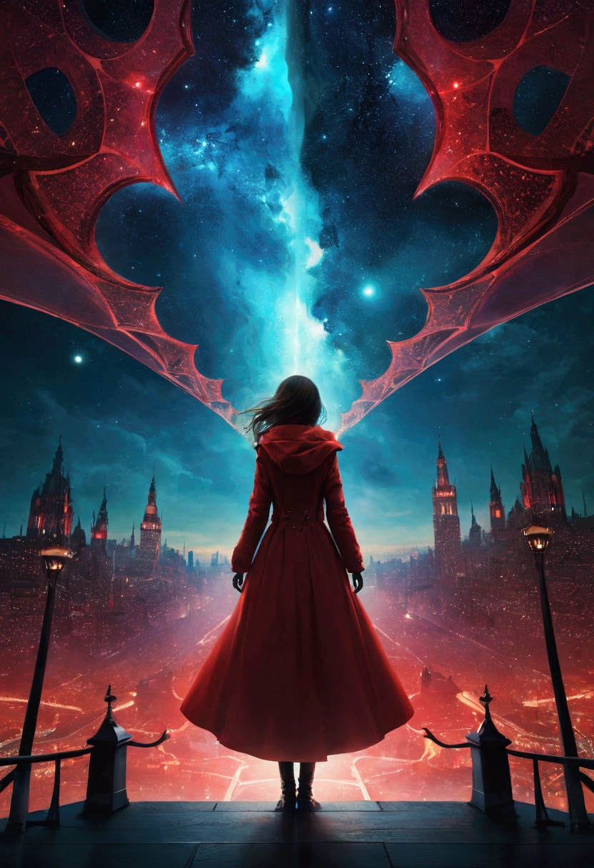 night,1 girl,Starry Sky,fantasy,magic,mystery,illusory,Dreamy,(Inverted red symmetrical city silhouette in the sky:1.2), Dramatic lighting,high quality,Octane Rendering,Concept map of the scene,