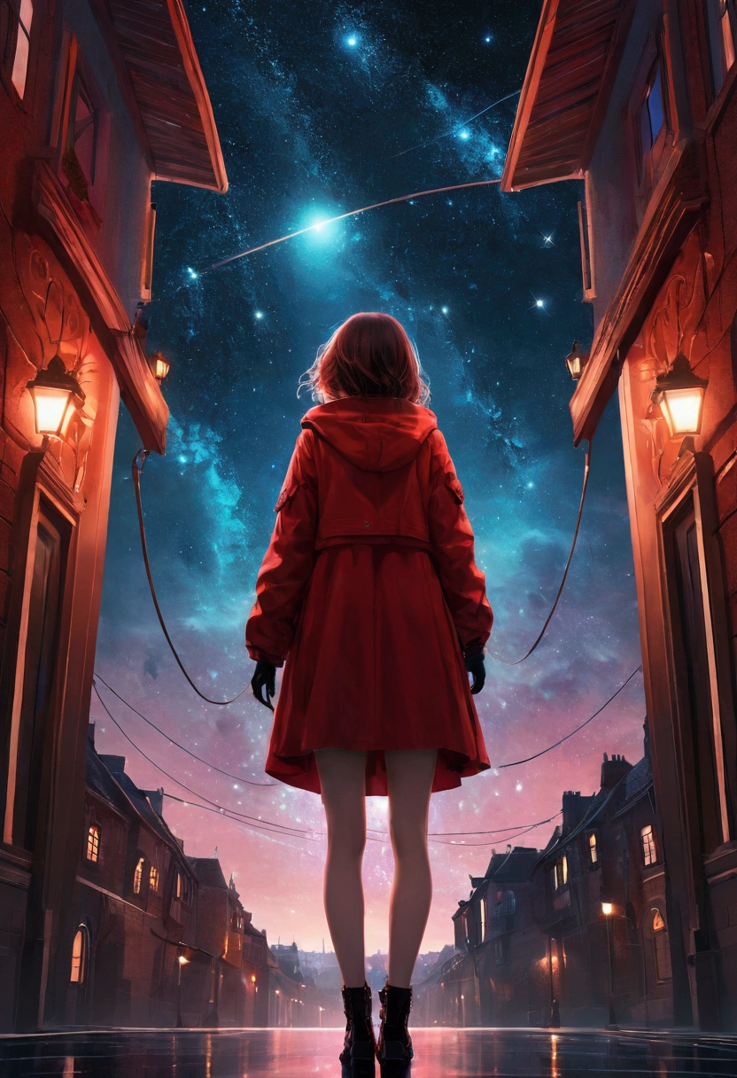 night，1 girl，Starry Sky，fantasy，magic，mystery，illusory，Dreamy，(Inverted red symmetrical city silhouette in the sky：1.2), Dramatic lighting，high quality，Octane Rendering，Concept map of the scene,