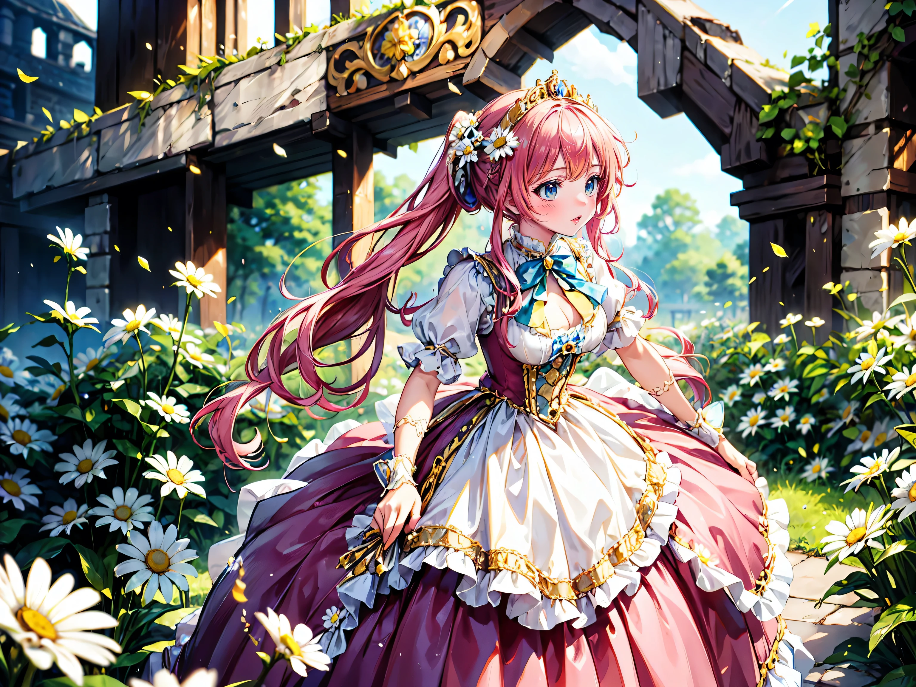 anime moe art style, (Masterpiece, ultra detailed, exquisite quality), (((young face solo princess))), (dress topaz dress), (((ultra elaborate rococo victorian gown with voluminous hoopskirt and long hems, princess style skirt, ultra pretty gown:1.3))), (((huge breasts))), breasts cleavage, (hair pink hair), (fluffy long ponytail), Expressive very voluminous hair, super delicate face, (hyper detail delicate beautiful eyes blue eyes), ((leaning forward, looking up, from above, front view)), (((So lot's of daisy flower hybrids))), (blurry background:1.5),