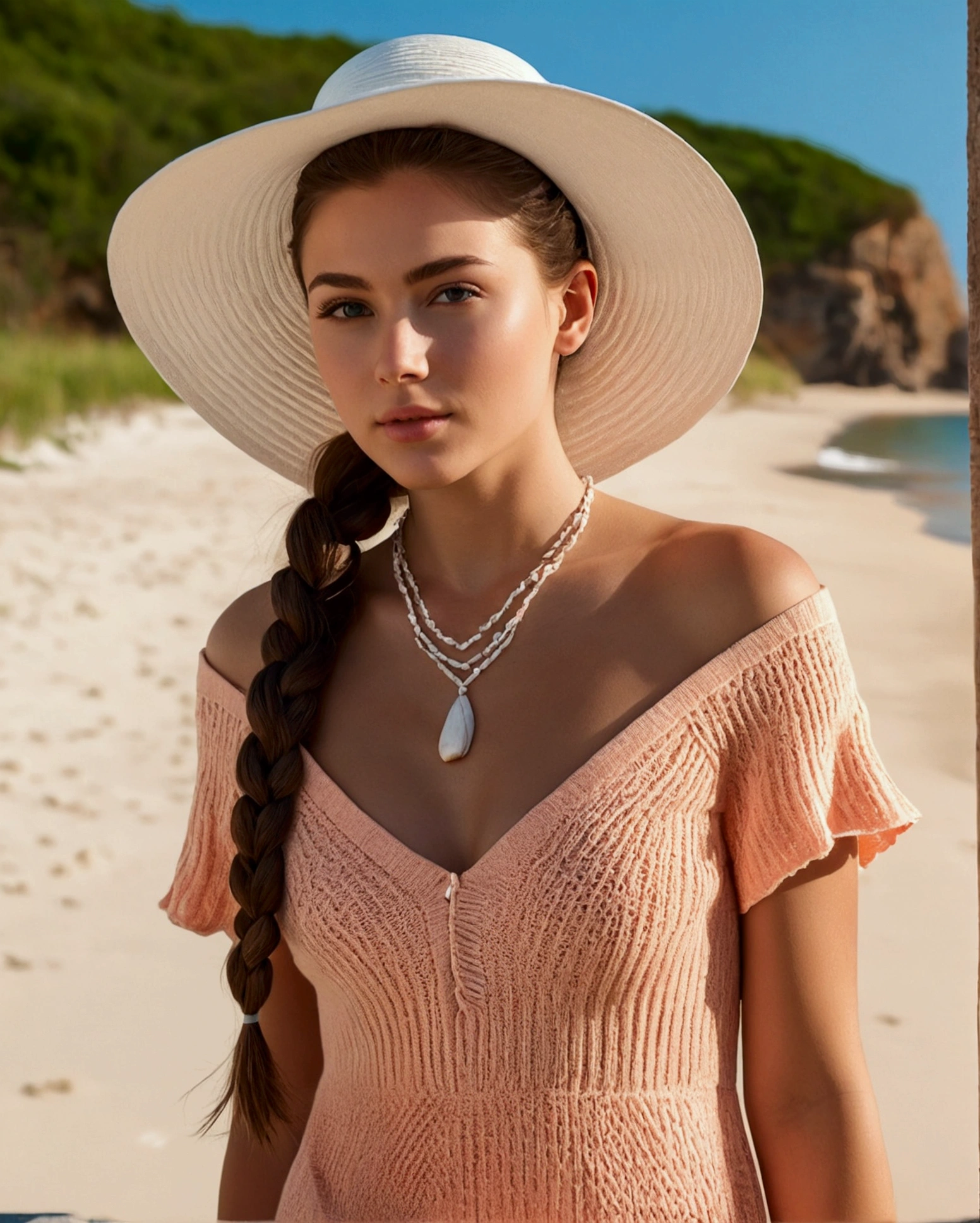 24 year old brunette woman, photo, on the beach, bright lighting, colorful, serene, full-body-view, high-resolution, 8k, masterpiece, top-quality, hyper-realistic, beautiful, highly-detailed, professional, ultra-realistic, epic, cinematic, beautiful skin, ((realistic skin)), detailed face, high ponytail hair, braided hair, wavy hair, knit peach dress, white summer hat, necklace, resting, beach, superb, influencer