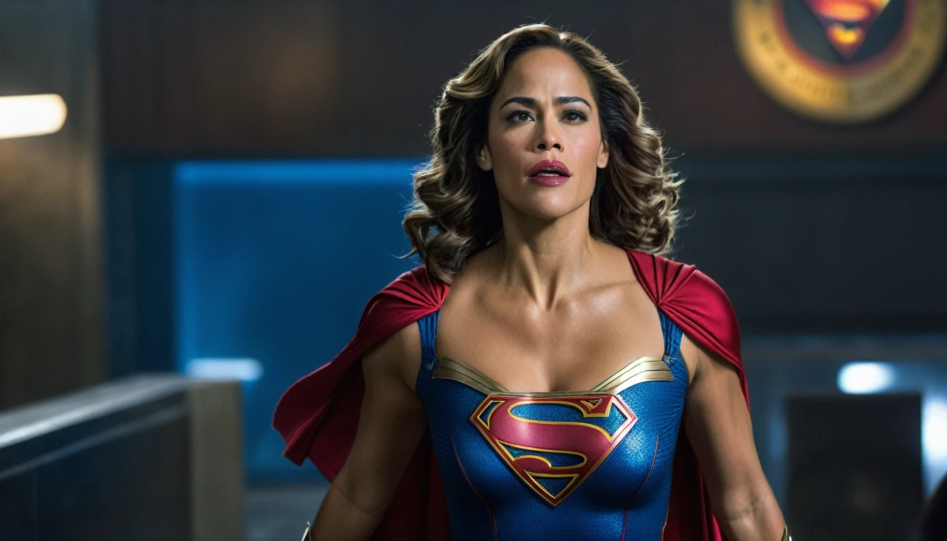 powerful and confident; Paula Patton Supergirl 1984s movie costume;  HD. Photograph, ((realism)), extremely high quality RAW photograph, ultra detailed photograph, sharp focus, high resolution, (detailed skin:1,3),high quality, film grain, Fujifilm XT3,Highly Detailed, movie, (Cinematic Photo:1.3) of (Realistic:1.3). Super breasts.