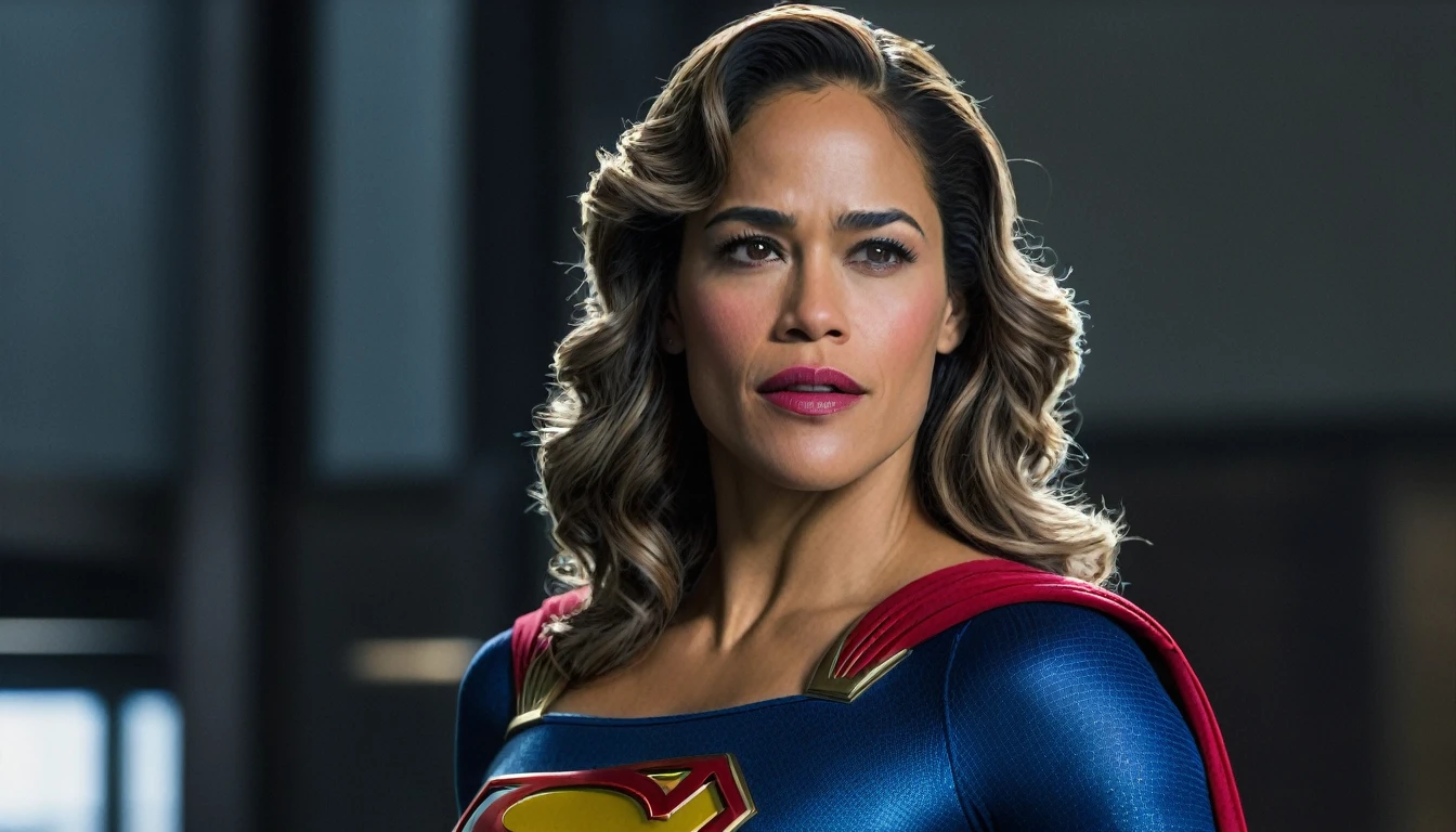 powerful and confident; Paula Patton Supergirl 1984s movie costume;  HD. Photograph, ((realism)), extremely high quality RAW photograph, ultra detailed photograph, sharp focus, high resolution, (detailed skin:1,3),high quality, film grain, Fujifilm XT3,Highly Detailed, movie, (Cinematic Photo:1.3) of (Realistic:1.3). Super breasts.