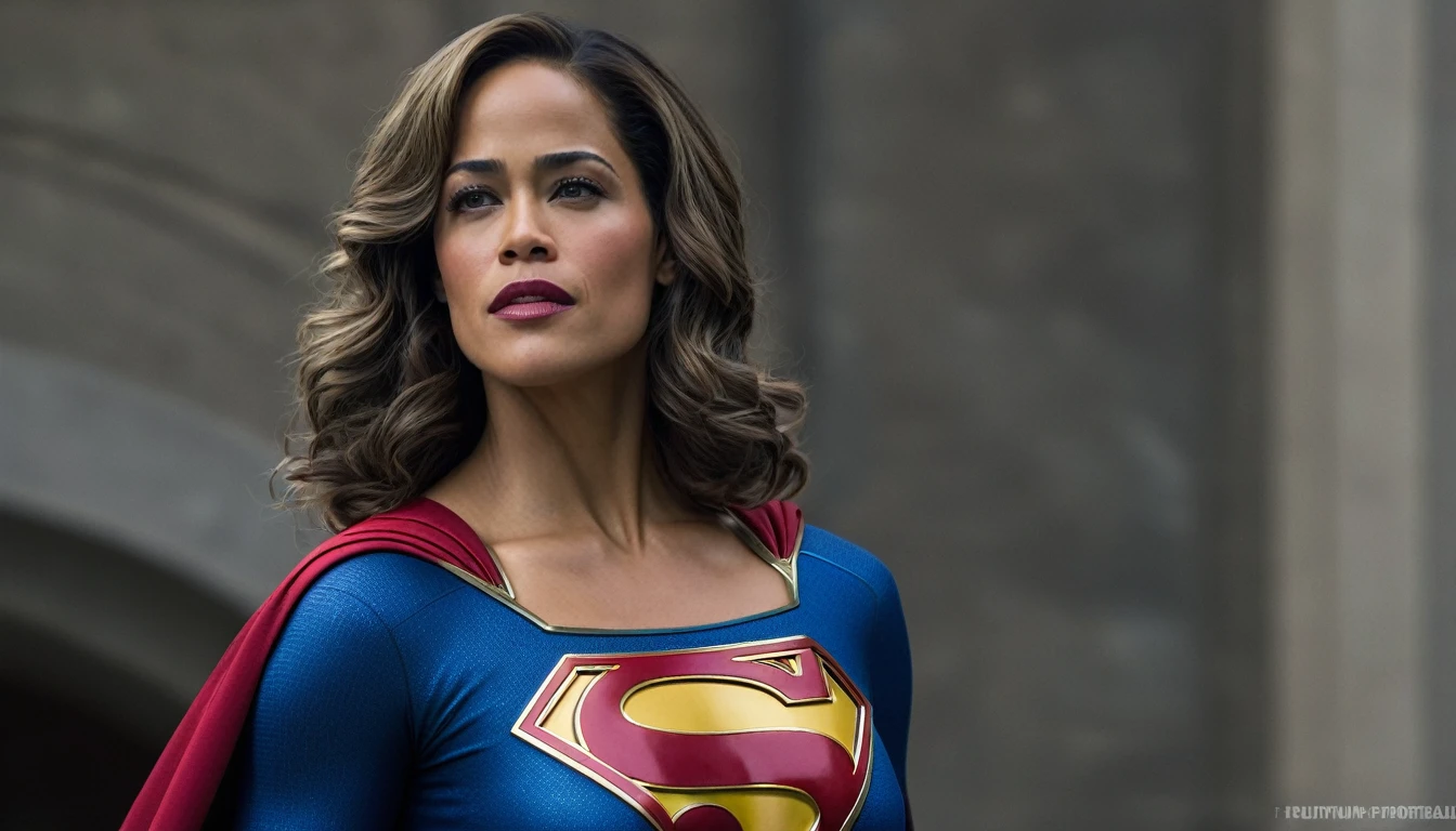 powerful and confident; Paula Patton Supergirl 1984s movie costume;  HD. Photograph, ((realism)), extremely high quality RAW photograph, ultra detailed photograph, sharp focus, high resolution, (detailed skin:1,3),high quality, film grain, Fujifilm XT3,Highly Detailed, movie, (Cinematic Photo:1.3) of (Realistic:1.3). Super breasts.