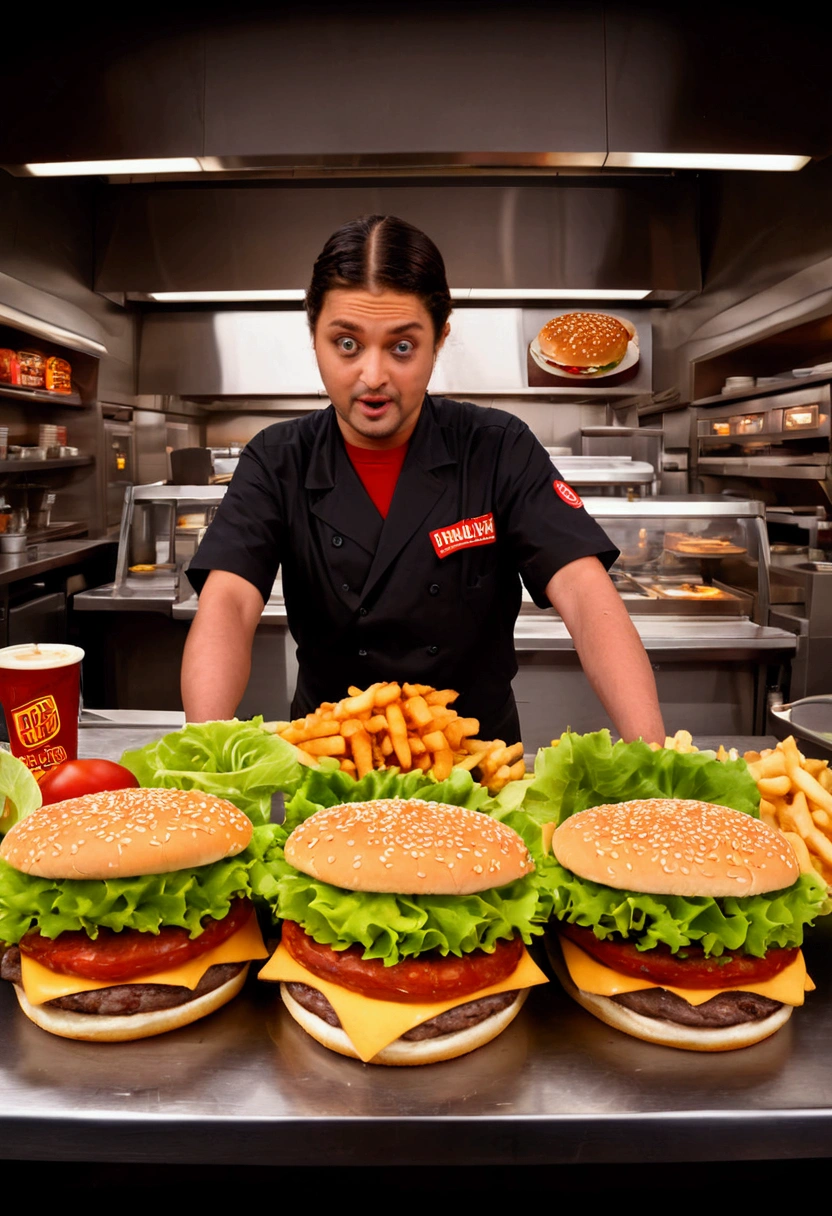 (Fast Food Worker), A fast food clerk is creating various interesting patterns and designs on a burger with lettuce, tomatoes, and sauce, set against the backdrop of a busy fast food restaurant, full body, (Photography), panoramic view, award-winning, cinematic still, emotional, vignette, dynamic, vivid, (masterpiece, best quality, Professional, perfect composition, very aesthetic, absurdres, ultra-detailed, intricate details:1.3)