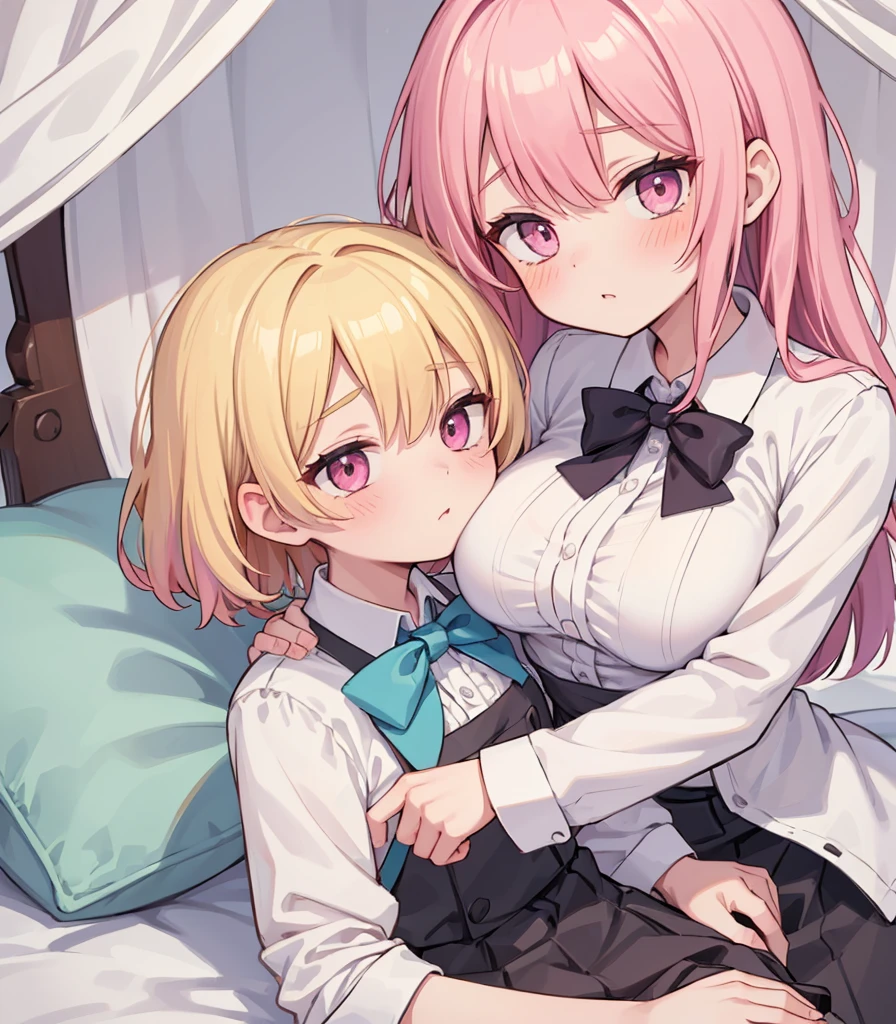 masterpiece, Highest quality, so beautiful, absurdists,High resolution,One girl, One boy,Cuddling in bed, like,sexly,Look at each one, blush,Age difference,bow tie,blondes,chest,Long Hair,Pink Hair,Tucked in shirt,short hair,skirt,Tent shirt,Slut,Big breasted sister and brother,Siblings, trousers,Pushing her big tits against her brother,(My brother&#39;s erect penis),((((姉のvery huge breasts,Sister crushes her big tits in her brother&#39;s face)))),(((((Very huge breasts))))),(((((penis,NSFW,Soft Very HUGE breasts))))),((Bursting Breasts,Huge breasts hiding her brother&#39;s face)),((((((((Huge Breasts, Large Breasts, Very Large Breasts, Very Large Breasts, Very Large Breasts, Very Large Breasts, Very Large Breasts, Very Large Breasts, Very Large Breasts, Very Large Breasts, Very Large Breasts, Very Large Breasts, Burying Face in Breasts)))))))),Two people gazing at each other,puffy breasts,((Face crushed by tits, huge breasts on brother's body, mouth covered by tits, breasts covering face)),((huge breasts)),((soft massive breasts)),crotch grab