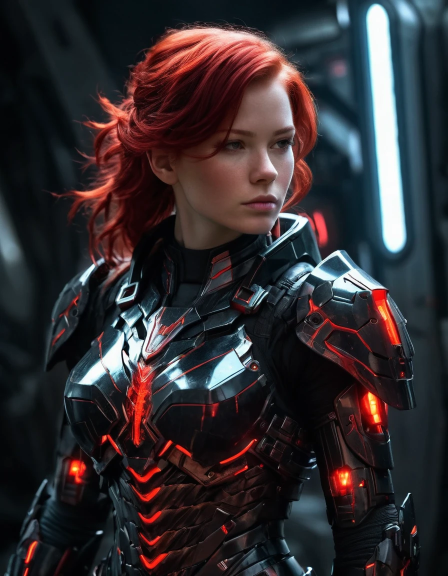 masterpiece, best quality, 1girl, sci-fi armor with black and red colors, glowing elements, redhair