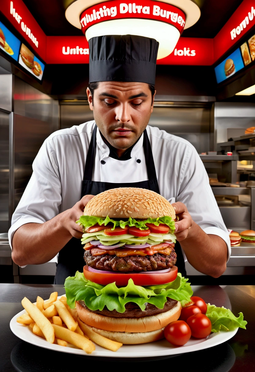 (Fast Food Worker), A fast food clerk is creating various interesting patterns and designs on a burger with lettuce, tomatoes, and sauce, set against the backdrop of a busy fast food restaurant, full body, (Photography), panoramic view, award-winning, cinematic still, emotional, vignette, dynamic, vivid, (masterpiece, best quality, Professional, perfect composition, very aesthetic, absurdres, ultra-detailed, intricate details:1.3)