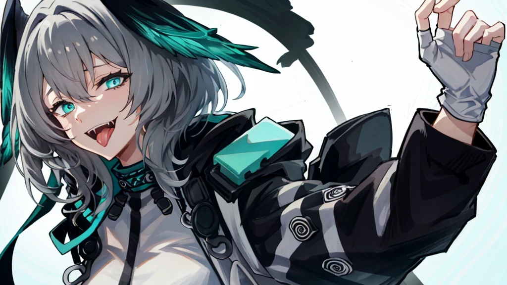 1girl, open_mouth, solo, tongue, fingerless_gloves, hood, tongue_out, smile, grey_hair, portrait, aqua_eyes, hair_between_eyes, looking_at_viewer, fangs, gloves, white_gloves, best_quality, 4k, 8k, highres, masterpiece:1.2, ultra-detailed, realistic:1.37, sharp_focus, vivid_colors, character_from_arknights