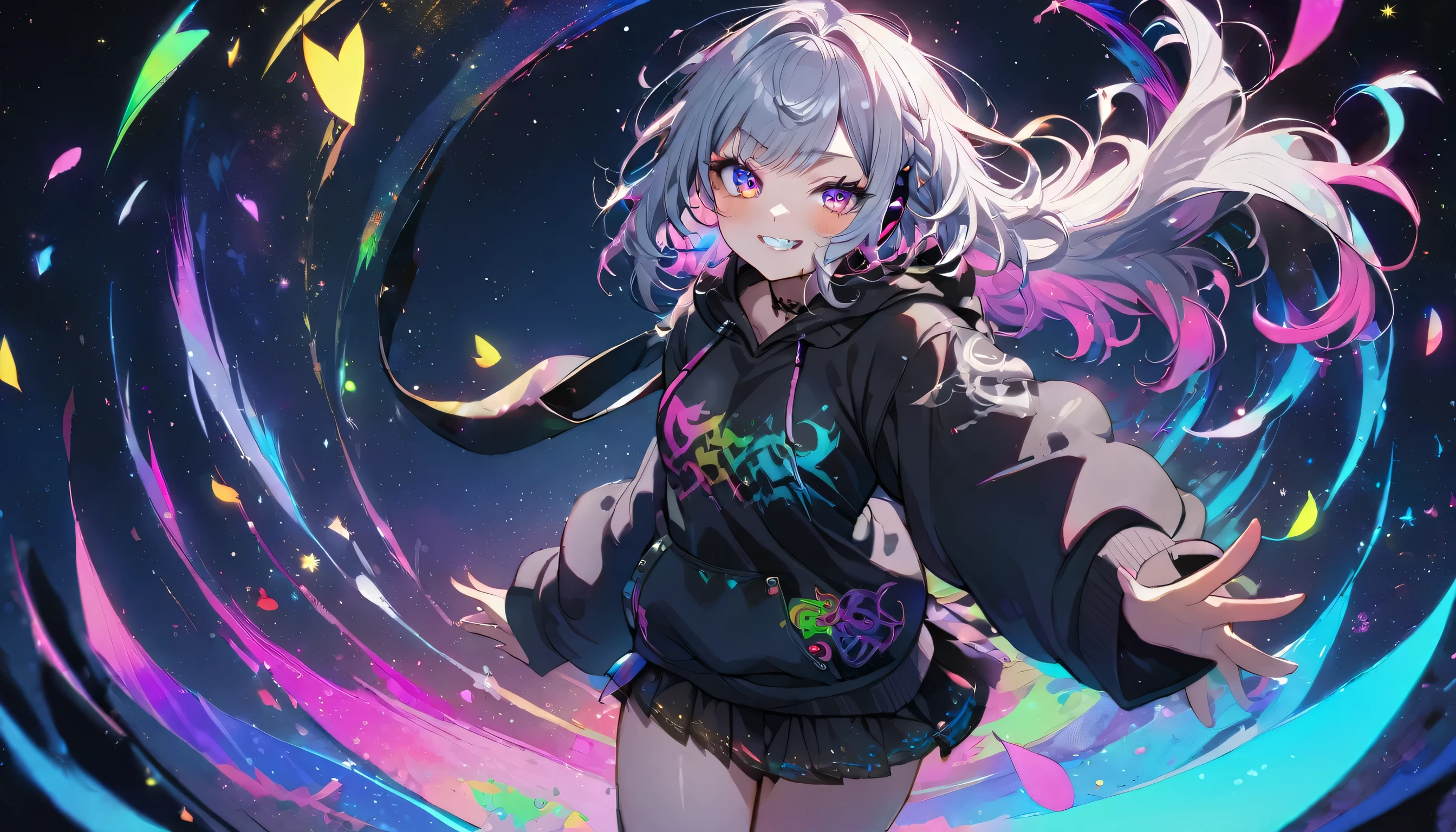 ((Masterpiece)), ((best quality)), (Anime:1.3), (super detail:1.2), (High Definition:1.3), (Professional Photography:1.3), A cute young Girl, Glossy unruly hair, (loose swept bangs), (silver ash hair), medium hair, big eyes, (Eye bags:1.3), (Long eyelashes), colorful eyes, (evil smile and blush), Glossy lips, (jagged teeth), farewell, ((black hoodie with oversized)), barearms, cute, (Gazing Skyward), (colorful:1.3), gothic makeup, (wearing headphone),wild spirit, neon pastel colors, black mini skirt, wind, scars, stickers, nymph, cool, beautiful, dancing, pretty, Celtic, maniac, facing the camera, full body, colorful petals dance around, starry night, (from side:1.3),