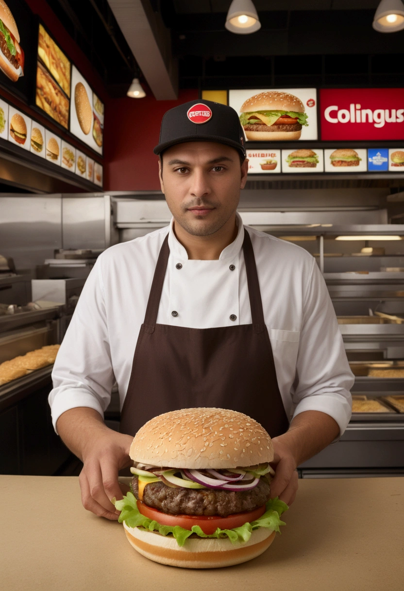 (Fast Food Worker), A fast food clerk is creating various interesting patterns and designs on a burger with lettuce, tomatoes, and sauce, set against the backdrop of a busy fast food restaurant, full body, (Photography), panoramic view, award-winning, cinematic still, emotional, vignette, dynamic, vivid, (masterpiece, best quality, Professional, perfect composition, very aesthetic, absurdres, ultra-detailed, intricate details:1.3)