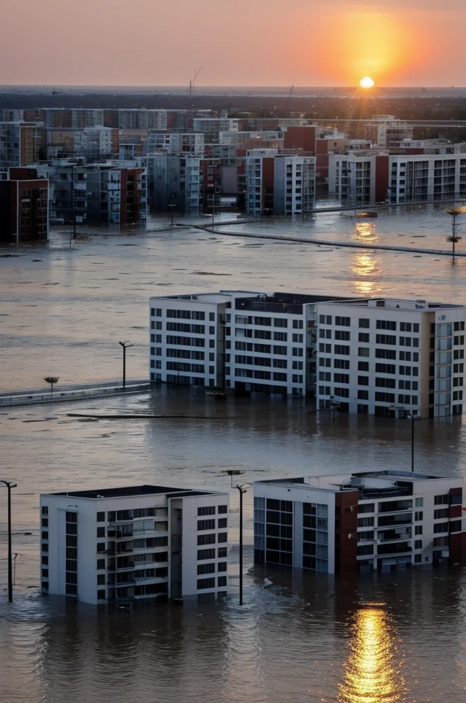 Image of several buildings that were hit by high water, with the sun setting in the background. By keeping it in a geometric shape.