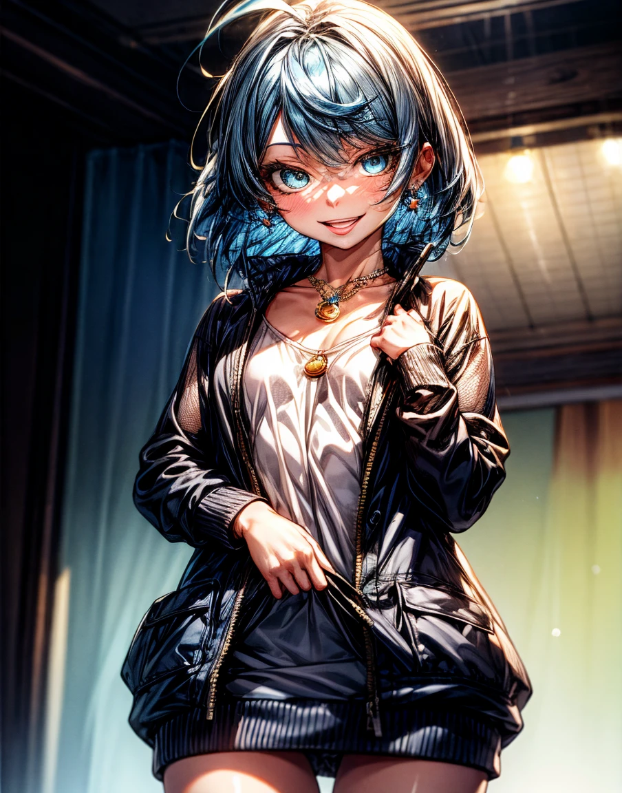 (masterpiece, highest quality:1.2), (High resolution, 8k RAW photo, Photorealistic, Clear focus, Weak outline:1.3), (Natural light, Fabric Shading), throw, ((alone:1.5)), 1 mature woman, 26 years old, ((Mature Woman:1.5)), ((Bright beautiful eyes:1.3, Detailed pupil)), (Beautiful girl wearing sweater jacket), Raise your left hand up, throw pose, (Looking at the audience, With a smile, Half-closed eyes), Raised to be sexy, (small open mouth:1.3), ((((blue hair with light yellow mesh)))), Medium Short Hair, Hair on one eye, Asymmetrical Hair, Half Up Hair, Side Lock, blue eyes, (Luxurious accessories, necklace, Earrings, bracelet), Bokeh, Dynamic Angle, Leaning forward:1.2, Close-up face:1.5, whole body, From below:1.2, (Correct Anatomy:1.6, Ideal body proportions, The right move:1.5, Small hands), ((simple background)), white_background