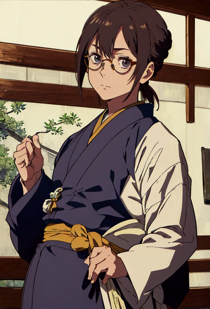 ((best qualityer)), ((work of art)), (detailded) kor: 90 Years Appearance: man hair: gris, long and tied into a traditional bun, with some loose threads. muka: Deeply wrinkled, with a serene and wise expression. eyeballs: brown, with an obvious scar on the right eye. tenue: Japanese traditional kimono, dark blue with gold details. Accessories: Wear a pair of round glasses. stance: ????? and dignified, reflecting your wisdom and life experience.
