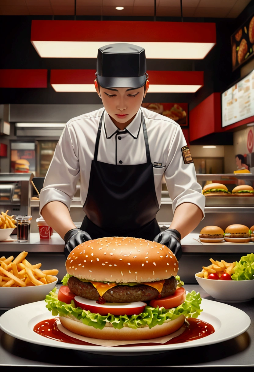 (Fast Food Worker), A fast food clerk is creating various interesting patterns and designs on a burger with lettuce, tomatoes, and sauce, set against the backdrop of a busy fast food restaurant, full body, (Photography), panoramic view, award-winning, cinematic still, emotional, vignette, dynamic, vivid, (masterpiece, best quality, Professional, perfect composition, very aesthetic, absurdres, ultra-detailed, intricate details:1.3)