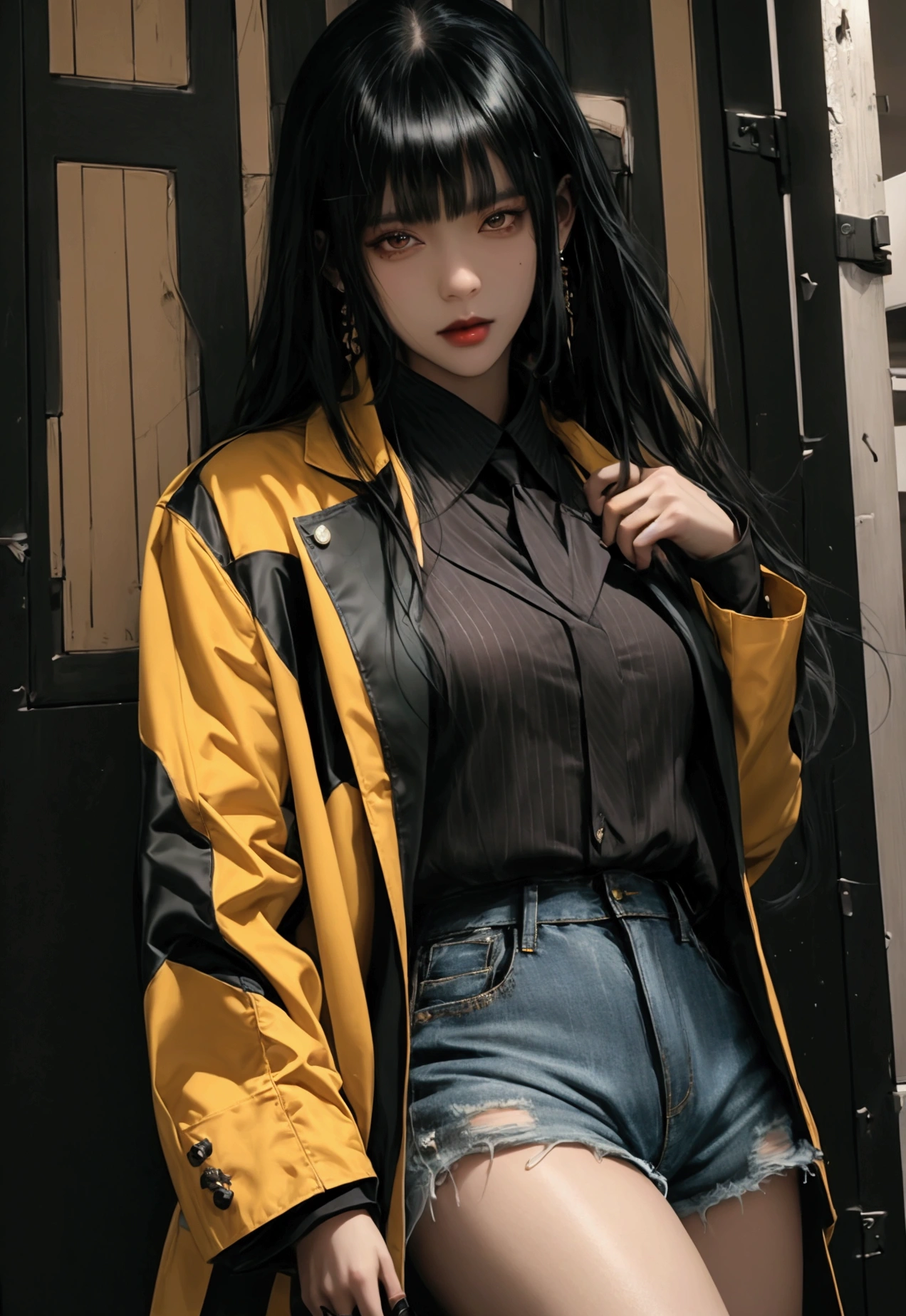 ultra-detailed, highly detailed,nbest quality, masterpiece, illustration, 
Anime-style girl with black hair wearing a black jacket with yellow accents over a light blue blouse, and distressed denim shorts, standing outdoors.