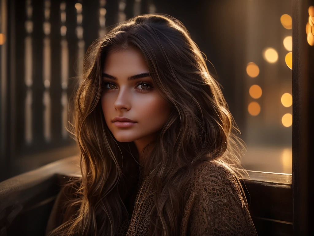 a young woman looking directly at the camera, beautiful detailed eyes, beautiful detailed lips, extremely detailed face, long eyelashes, brown hair, medium shot, photorealistic, highly detailed, cinematic lighting, warm color tones, masterpiece, hyper detailed
