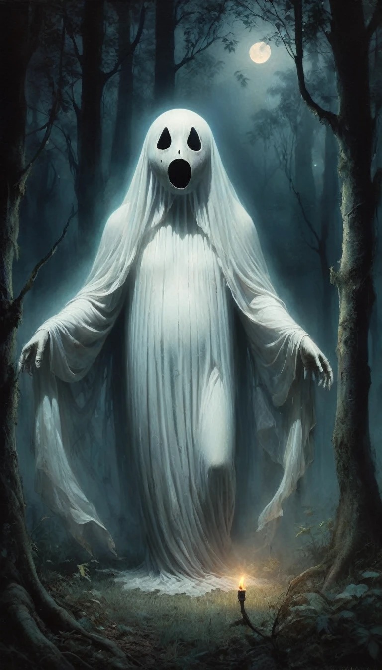 A glowing, eerie pocong ghost in a traditional Indonesian shroud, floating in a misty, moonlit forest. Tall, shady trees surround it, and fireflies create a magical yet spooky atmosphere. The ghost's eyes glowed softly, and a mysterious faint mist swirled around its feet.photo realistic, high resolution
