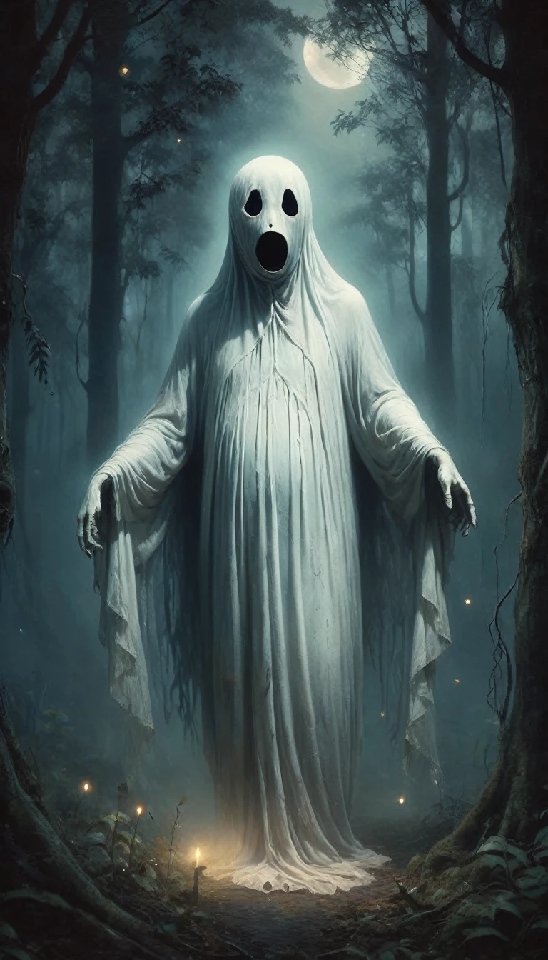 A glowing, eerie pocong ghost in a traditional Indonesian shroud, floating in a misty, moonlit forest. Tall, shady trees surround it, and fireflies create a magical yet spooky atmosphere. The ghost's eyes glowed softly, and a mysterious faint mist swirled around its feet.photo realistic, high resolution