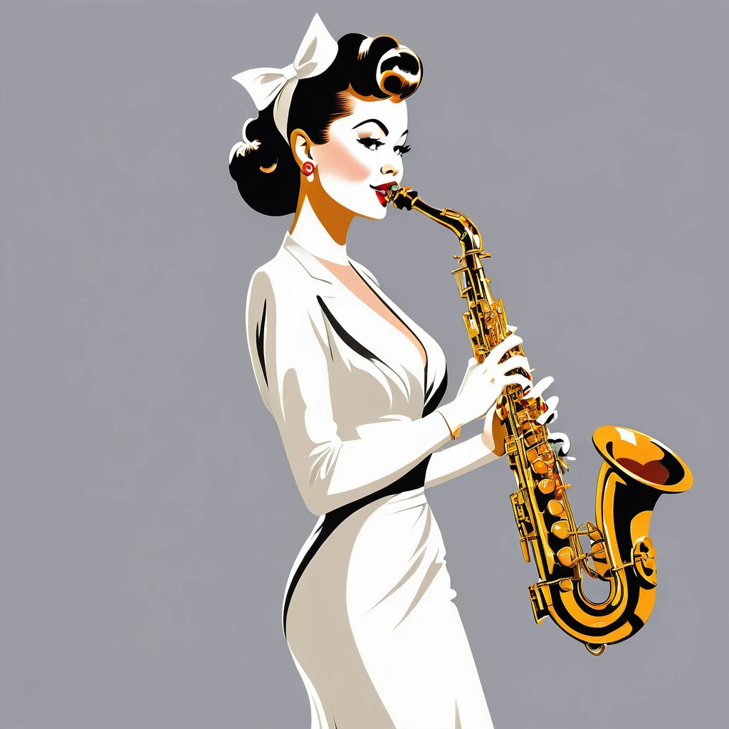 arafed woman in white dress playing a Saxophone on grey background, inspired Tex Avery, Retro illustration, Saxophone, In the style of digital illustration, Flat Vector Art, jazz, 1950s illustration style, stylized digital illustration, Manga style illustration, Tex Avery, Pinup Poster Girl, Vector style drawing, Vector Art Style, Elegant woman