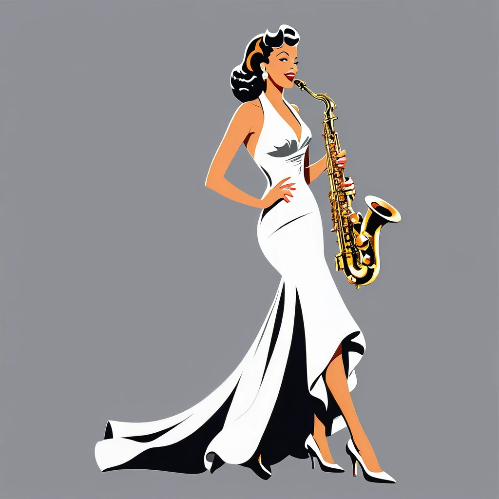 arafed woman in white dress playing a Saxophone on grey background, inspired Tex Avery, Retro illustration, Saxophone, In the style of digital illustration, Flat Vector Art, jazz, 1950s illustration style, stylized digital illustration, Manga style illustration, Tex Avery, Pinup Poster Girl, Vector style drawing, Vector Art Style, Elegant woman