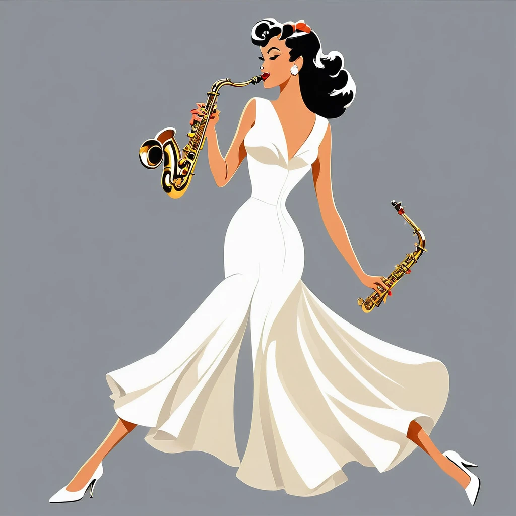arafed woman in white dress playing a Saxophone on grey background, inspired Tex Avery, Retro illustration, Saxophone, In the style of digital illustration, Flat Vector Art, jazz, 1950s illustration style, stylized digital illustration, Manga style illustration, Tex Avery, Pinup Poster Girl, Vector style drawing, Vector Art Style, Elegant woman
