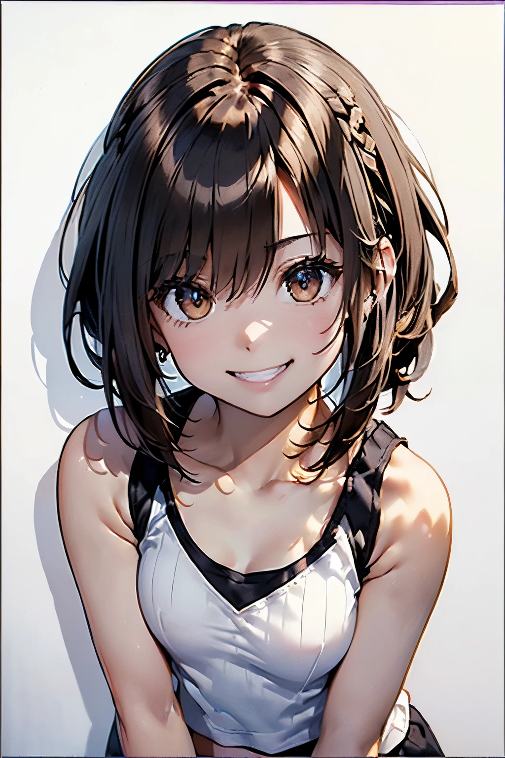 (Highest quality, 8K, oil, Tabletop:1.2), Super detailed, (((Frame In)))、(((Bust Shot)))、(((There is no light and shadow)))、(((Small breasts)))、(((Brown Hair)))、(((Tank top)))、(((迷彩柄のTank top)))、(((Bob Hair)))、((( White Background)))、(((Girly Hairstyles)))、(((In front of a white wall)))、(((smile)))、(((Teeth are visible)))、(((No shadow)))