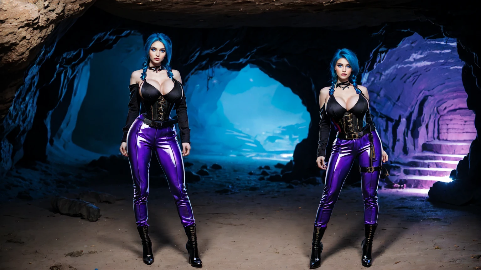 jinx, blue hair,blue long curly ponytail, blue leahter corset, black jacket, big naked breast, purpble tight leahter Trousers, purple belt, black long high heels boots,standing in a Cave