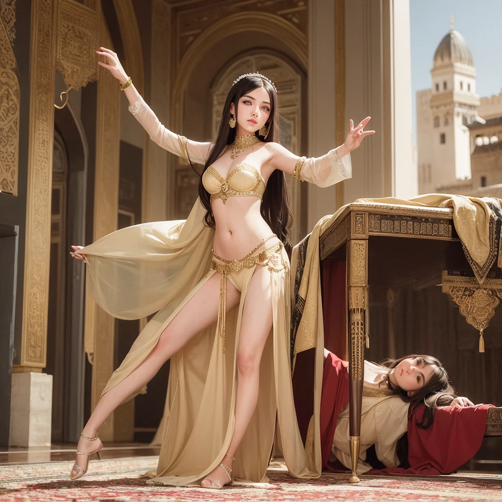 In ancient times, in the palace of the Arab Empire, the most beautiful concubine of all time in the world, with her beautiful long and wavy brunette hair., She dances in the emperor&#39;s palace in her beautiful, tight, jewel-encrusted outfit.