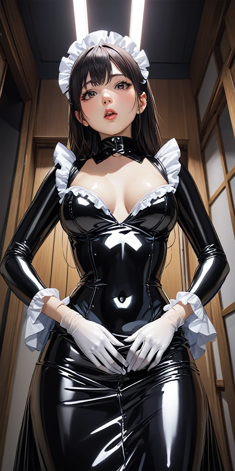 Portraiture、Looking up from below、(masterpiece,Highest quality,Ultra-high resolution),Japanese women, (((Very beautiful 25 year old girl))),(Latex Maid Clothing)、((Latex Long Skirt))、(A long-sleeved latex shirt that covers the upper body)、Latex gloves、Latex socks、Latex bodysuit、Frills、The clothes fit snugly to the body、Latex is very shiny、Dark Room、