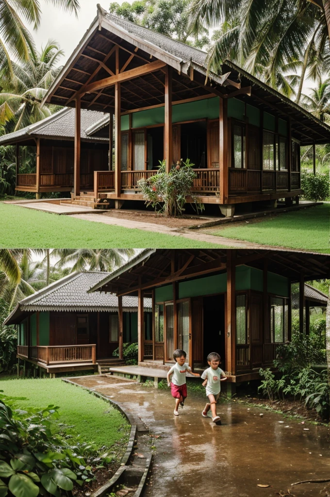 A house in beautiful green forest with so many coconut trees and raining outside with two children running towards shade