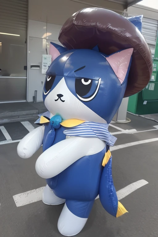 an inflatable cat, detailed eyes, detailed face, detailed hands, very detailed, photorealistic, 8k, hyperdetailed, high quality, cinematic lighting, dramatic lighting, natural lighting, vibrant colors, intricate details, sharp focus, hyper-realistic textures, glossy surfaces, glossy vinyl, studio lighting, brown inflatable hat, dynamic pose, full body, looking at viewer, nyanzaemon