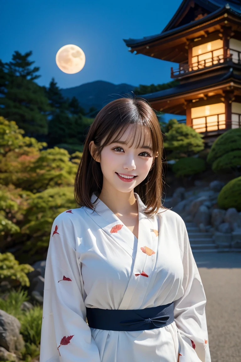 In front of Ginkakuji Temple , Highest quality, shape, Very detailed, In detail, High resolution, 8k wallpaper, Perfect dynamic composition, Beautiful details, Natural Lip, Colorful and cute autumn leaf pattern yukata, Big Breasts, She is smiling in a cute pose.., A masterpiece of the whole body, Full Body Shot,Big full moon in the background