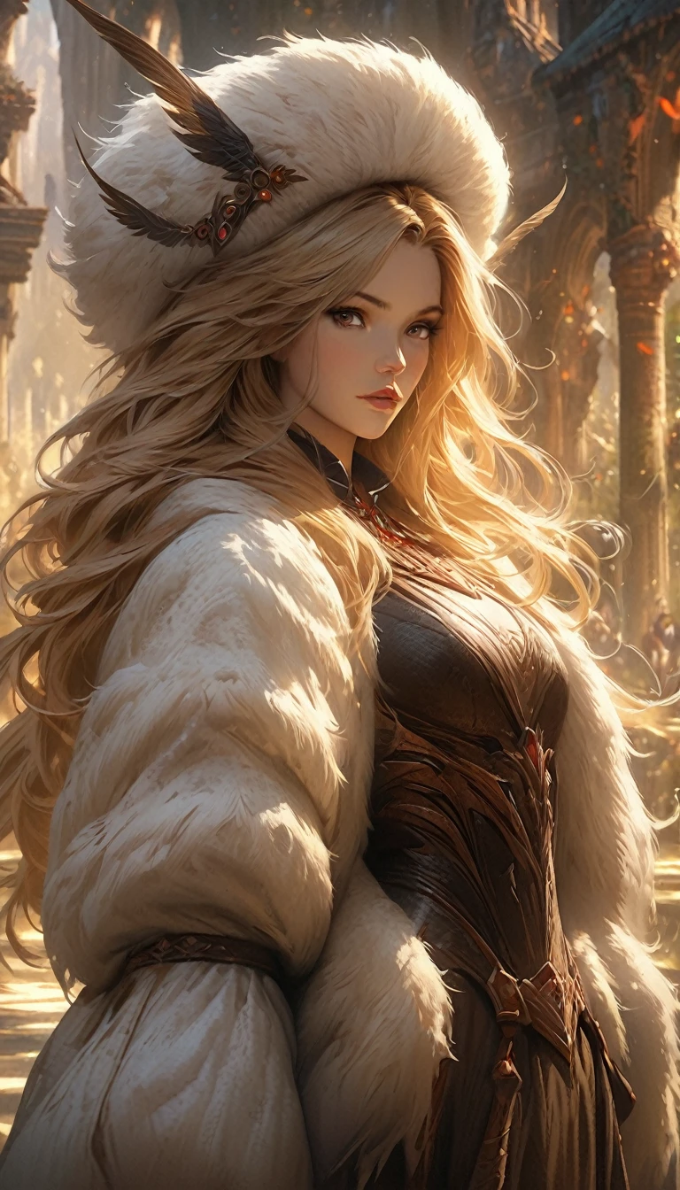 wearing fluffy clothing、Wearing a fluffy hat、Young woman with yellow hair, fantasy characters art, Great character art, Epic Fantasy Character Art, HD fantasy art, Epic and beautiful character art, realistic fantasy art, fantasy woman, Epic Fantasy Art Style HD, fantasy characters, digital fantasy art), fantasy style art, detailed fantasy art, High quality fantasy art, fantasy costumes, Digital 2D Fantasy Art