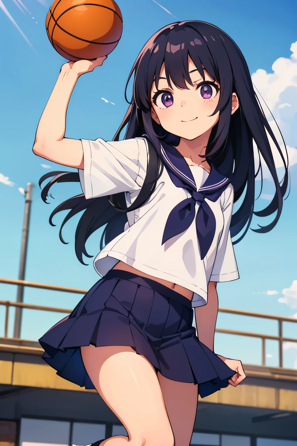 Elementary school girl, 8 years old, toddler　Flat chest, black hair, long hair, purple eyes 　smile　（One person） White upper body, short-sleeved sailor uniform　Navy blue mini skirt　White panties　（（I can see her panties））　White socks　sneakers　 School gym　Standing with a basketball　 Dynamic Angle　Low - Angle