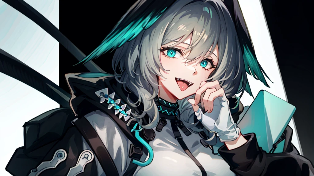1girl, open_mouth, solo, tongue, fingerless_gloves, hood, tongue_out, smile, grey_hair, portrait, aqua_eyes, hair_between_eyes, looking_at_viewer, fangs, gloves, white_gloves, best_quality, 4k, 8k, highres, masterpiece:1.2, ultra-detailed, realistic:1.37, sharp_focus, vivid_colors, character_from_arknights with glow background