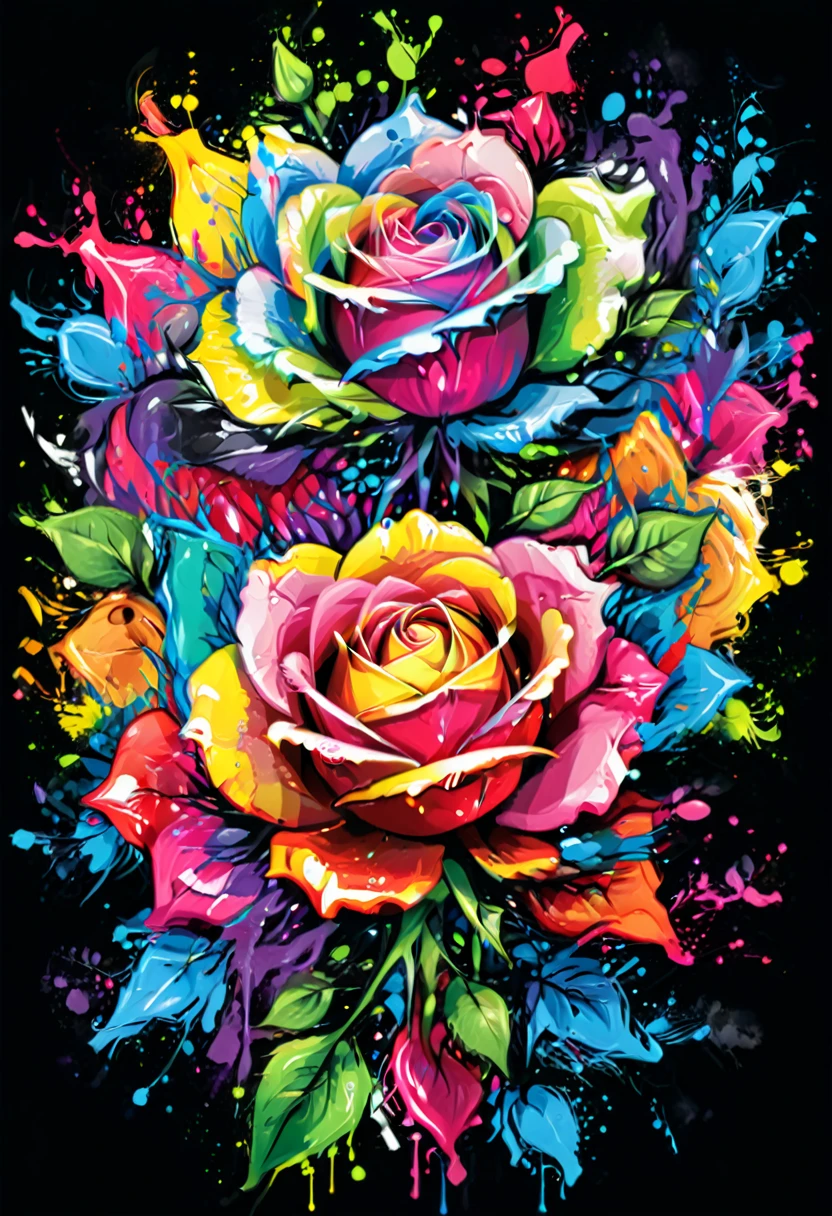 A t-shirt with vector art of a colorful rose illustration, At the center, swirly vibrant colors, paint splashes and smears, high détail,black backdrop
(work of art, best qualityer, proffesional, perfect composition, very aesthetic, absurdrez, super verbose, details Intricate:1.3)