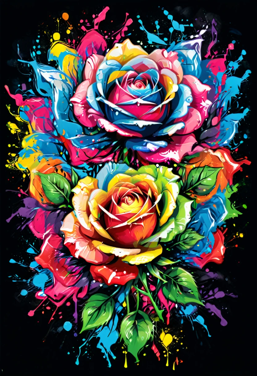 A t-shirt with vector art of a colorful rose illustration, At the center, swirly vibrant colors, paint splashes and smears, high détail,black backdrop
(work of art, best qualityer, proffesional, perfect composition, very aesthetic, absurdrez, super verbose, details Intricate:1.3)