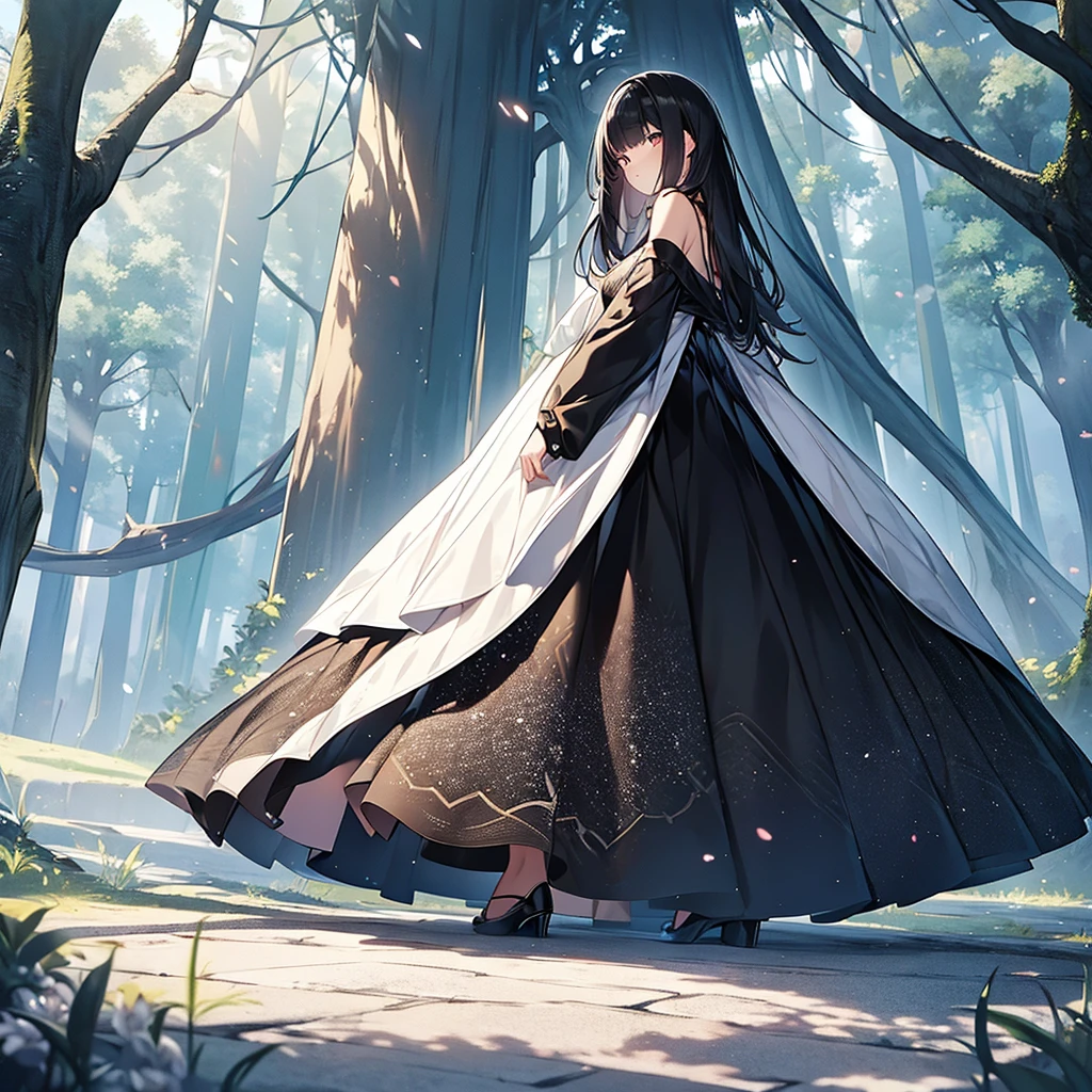 Young woman,dark black hair,put on a dress,play white,stand with back,In front is a big tree.,Fantasy,beautiful colors,Lots of colors