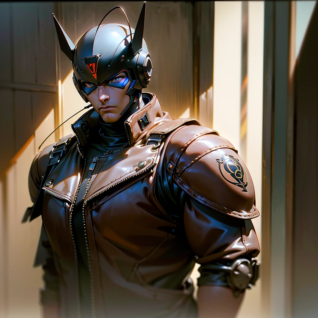 muscular male robot, biker helmet with antennas, brown leather jacket, leaning against wall in living room, cinematic lighting, dramatic composition, chiaroscuro lighting, moody atmosphere, hyper realistic, intricate details, (best quality,4k,8k,highres,masterpiece:1.2),ultra-detailed,(realistic,photorealistic,photo-realistic:1.37)