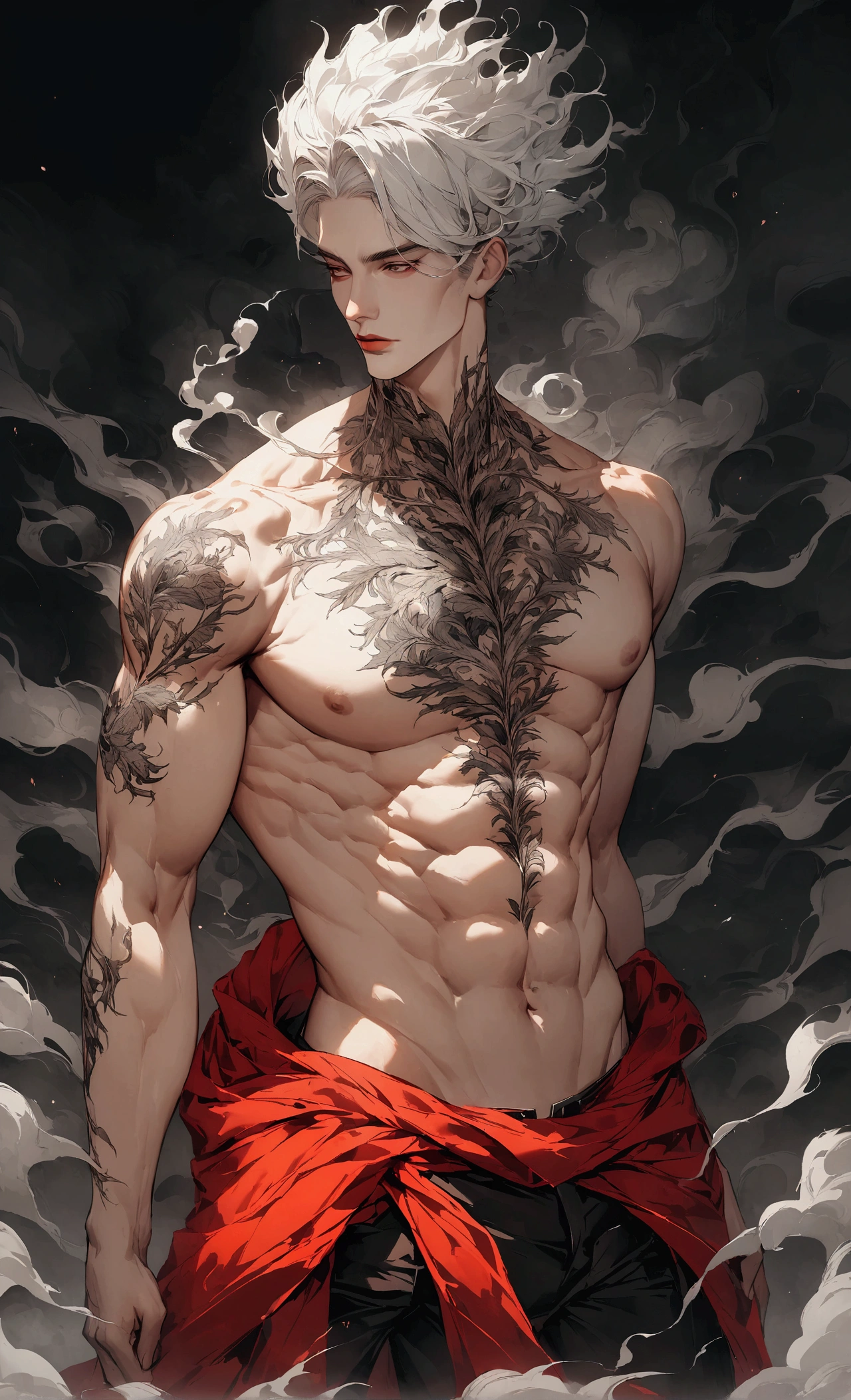 muscle,Tattoo,Handsome white-haired guy,((Topless)),Ultra-short hair,smoke