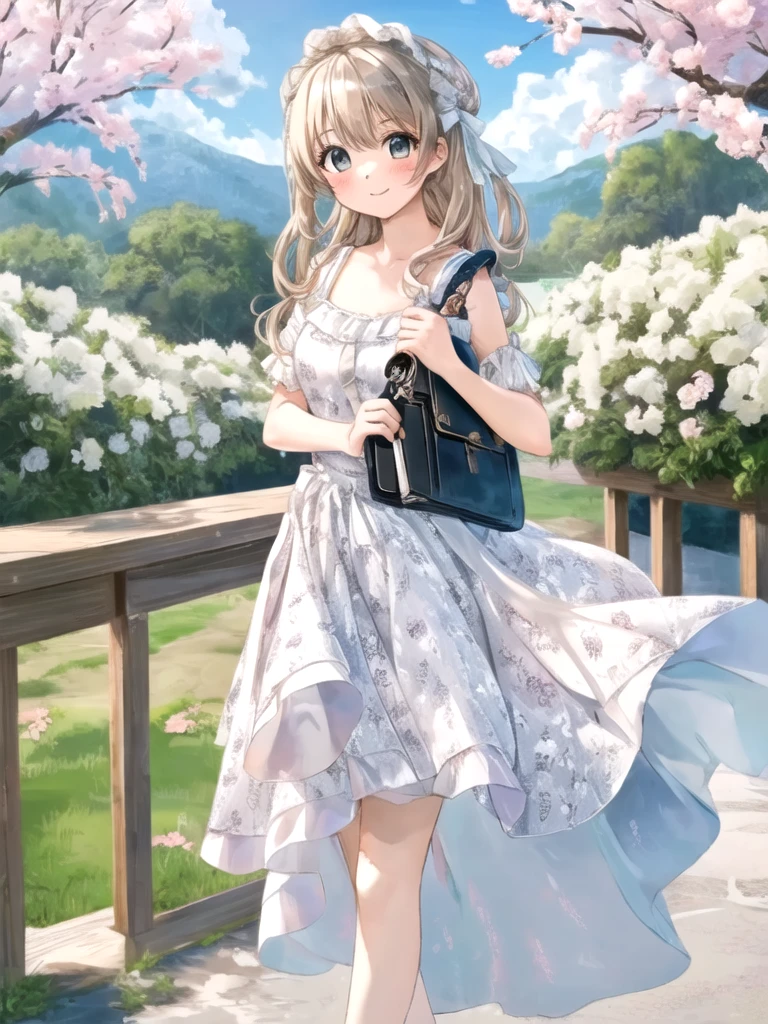 masterpiece, High resolution, 2D, a girl with a cute dress, frilled dress,  dress, An incredibly charming carrying a wallet, (wallet:1.2), Enjoy a lovely spring outing surrounded by beautiful flowers and natural scenery. イラストは4K解像度のHigh resolutionです, whole body 