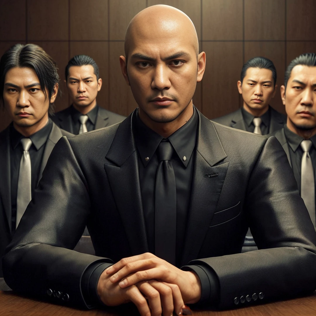 Yakuza with a bald, wearing a black suit, sitting with his friend, aside bangs yakuza in a black suit, the two of them are sitting in a meeting room, their four bodyguards are standing behind them wearing black suits, the background is a yakuza meeting room with brown walls , black tables, and yakuza-style decorations, cinematic, realistic, detailed face, very detailed, 4k