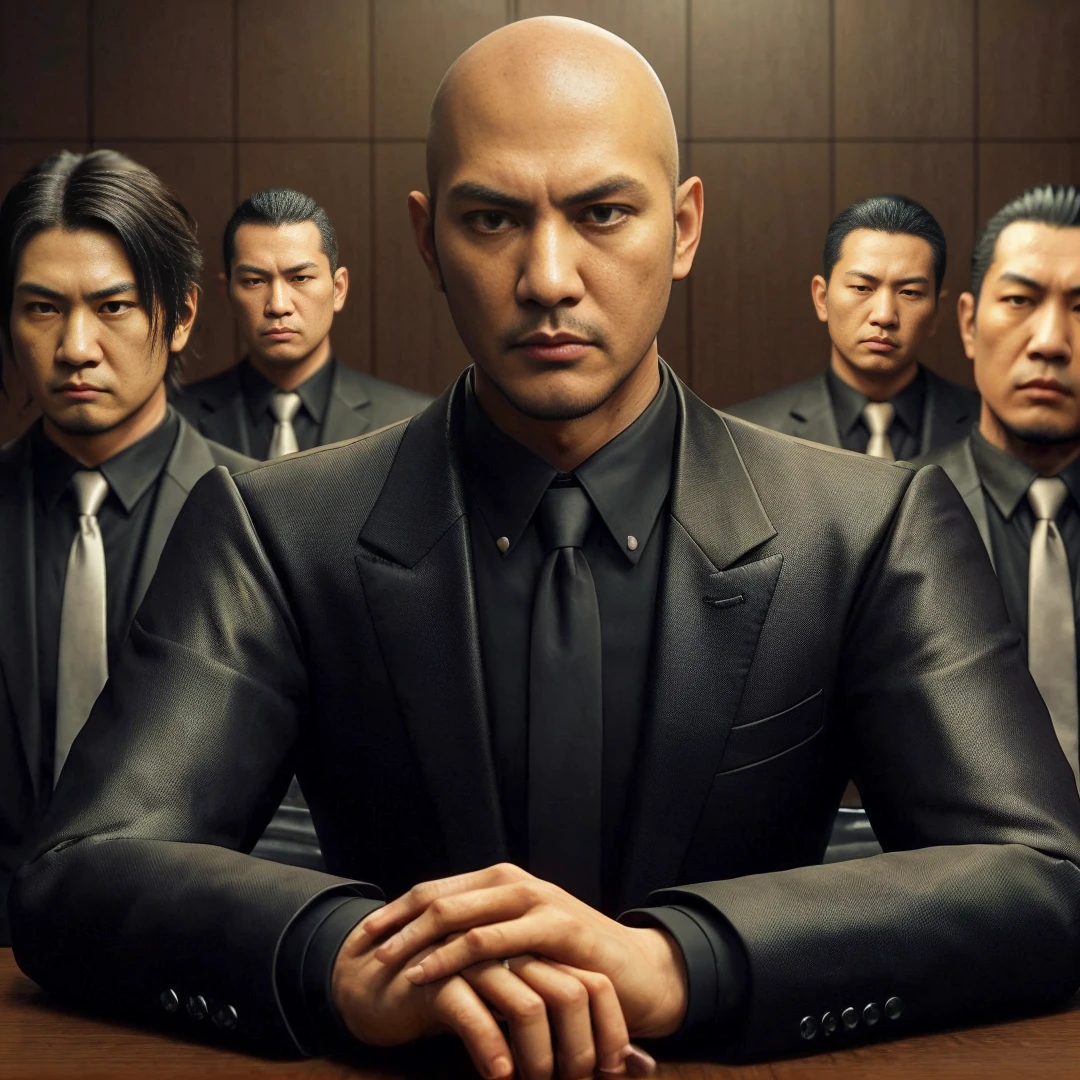 Yakuza with a bald, wearing a black suit, sitting with his friend, aside bangs yakuza in a black suit, the two of them are sitting in a meeting room, their four bodyguards are standing behind them wearing black suits, the background is a yakuza meeting room with brown walls , black tables, and yakuza-style decorations, cinematic, realistic, detailed face, very detailed, 4k