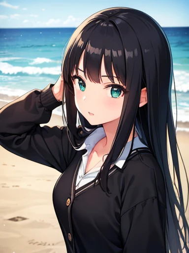 1 Girl, Mature Woman, Green Eyes、Long black hair、Navy Cardigan, Casual clothing、bow, Highest quality, hire, Detailed face, Coastal、Posing on the beach、 Detailed Background, Written boundary depth, Bokeh,Big Breasts