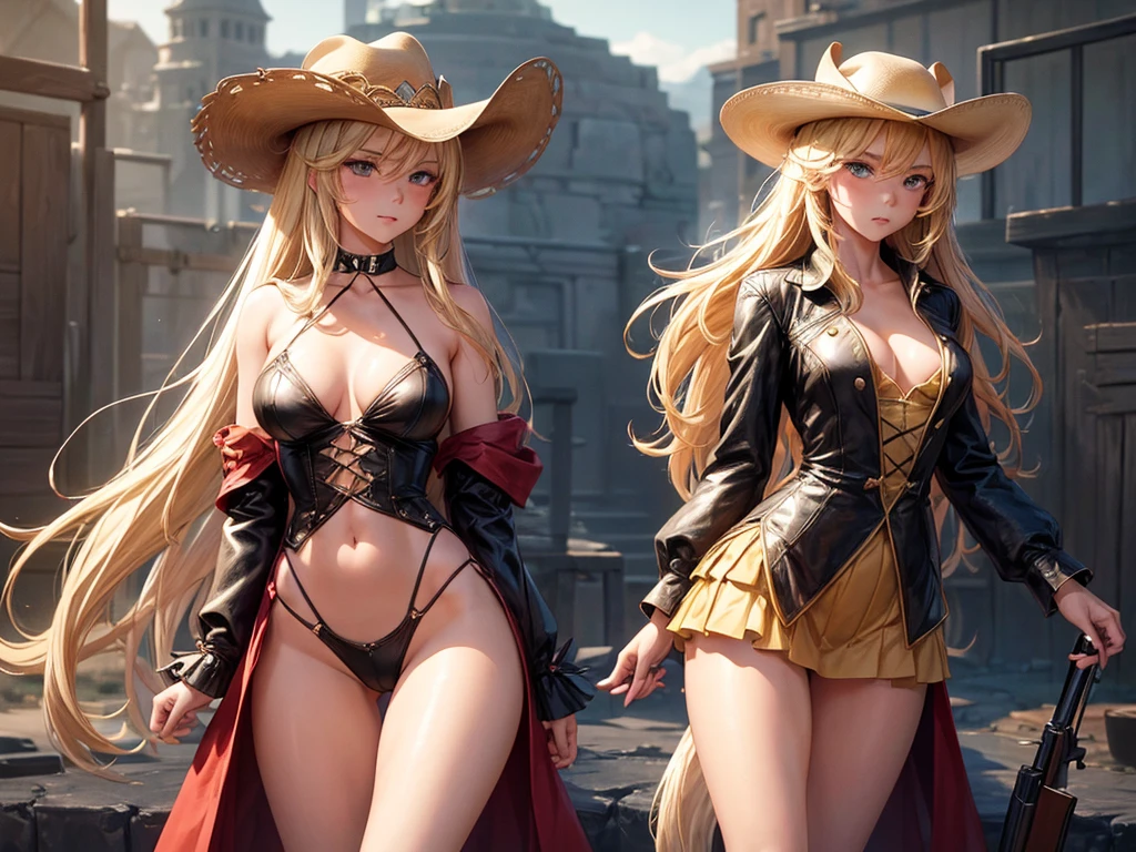 (((depcit very young girl))), (((elegant cowgirl))), y, blond hair, long hair, straight hair, cowby hat, wearing leather cowboy clothes, guns, open legs, sprrown eyes, thin , small breasts, nice pen shoulders, (sassy), (Masterpiece, Excellent, complex details), delicate girl, delicate face, back arched, pretty, sunny desert, a western atmosphere