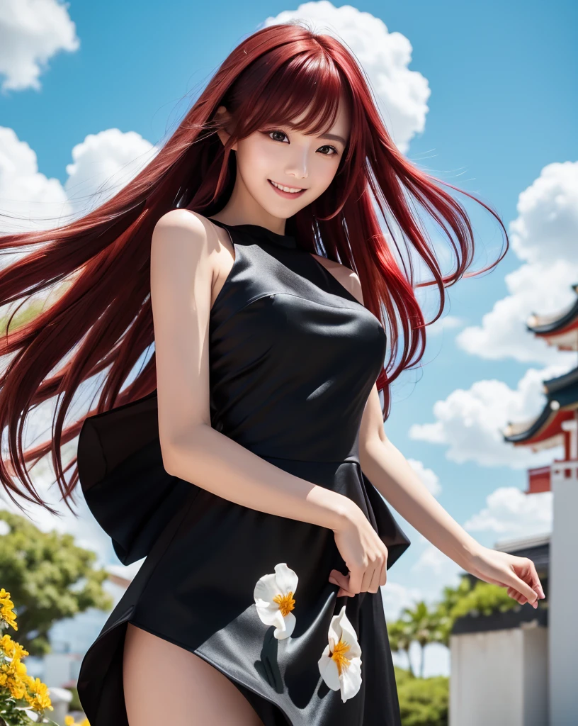 (Highest quality, 32k, High resolution, Masterpiece:1.5, ), marimo_jet, god々A photograph with brilliant dazzling and healing power., Evoking a sense of calm and elusive beauty, Expressing emotions, Have a rich imagination, Beautiful Japanese Girls, An exceptionally beautiful face, Small Face Beauty, Perfect Human Anatomy, Magical big eyes, Motherhood and generosity, Deep Love, fleeting smile, ((Shiny crimson hair:1.4)), Super long straight silk hair swaying in the wind, Asymmetrical bangs, Hair between the eyes, Transparent, soft white skin, Sharp eyebrows, Thin lashes, Natural Makeup, Cheek highlighter, Lips with fine detail, (Black dress:1.7), High resolutionの完璧な鎖骨, High resolutionの美しい胸元, Slim figure with ample breasts, High resolutionの美しい太もも, ((Beautifully detailed skies:1.2)), ((Vibrant petal effect:1.2)), Professional photographer, Professional Lighting, Professional models, god秘的