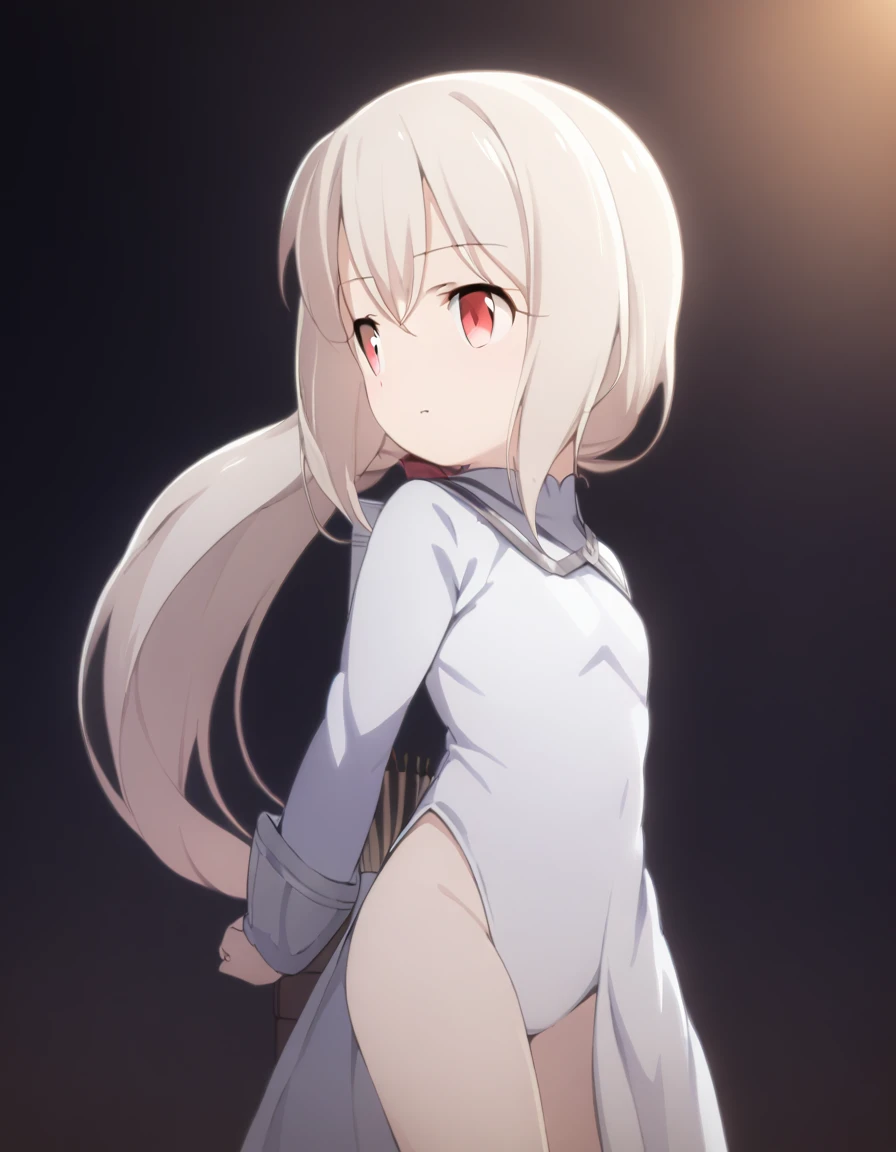 1 girl, shiny backlight, volumy long ponytail, silver hair, red eyes, middle breasts, her hair is fluttering down, white fantasic leotard outfit, white long loincloth,brown belts, long Quiver of Arrows behind back, open legs,open thighs, arched back, scerious,gazing, cowboy shot, masterpiece, best quality, general,standing